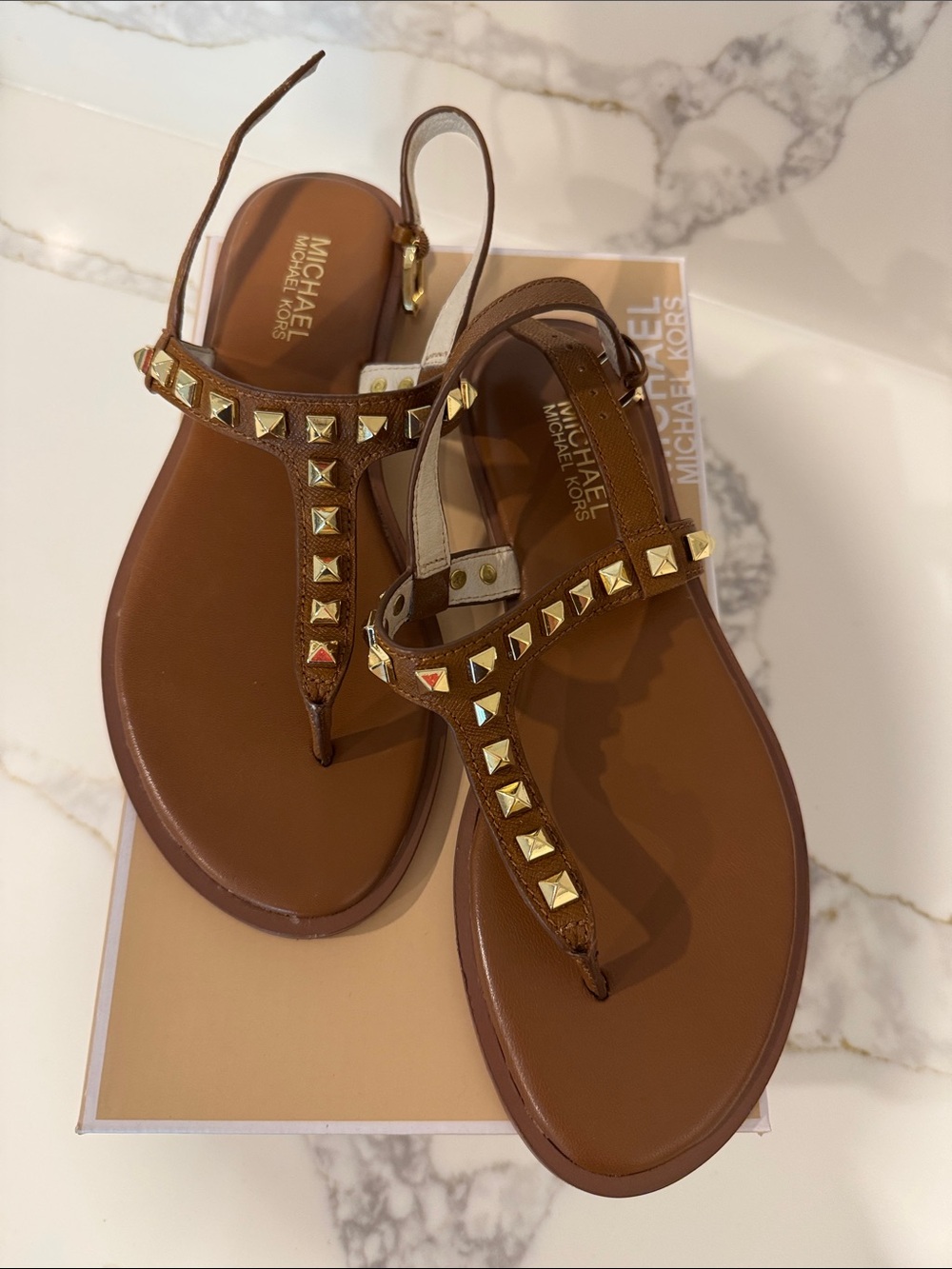 Michael Kors Brown Leather T-Strap Sandals with Gold Studs